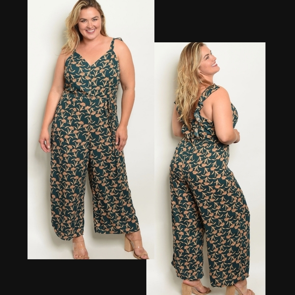 Pants - Green & Tan Plus Size Jumpsuit